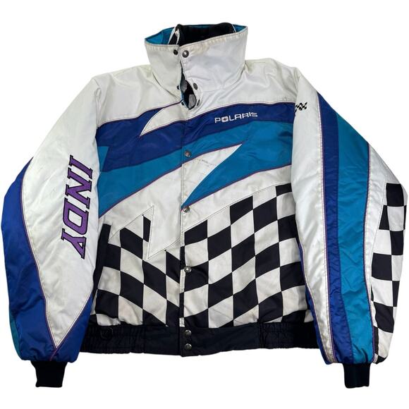 Vintage 90s Polaris Indy Racing Men's Snowmobile Winter Large Checkered Jacket - Picture 1 of 16